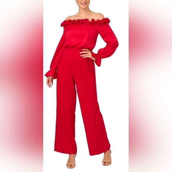 Adrianna Papell Off The Shoulder Ruffle Satin Jumpsuit NWT Size 4 Red - Picture 1 of 4